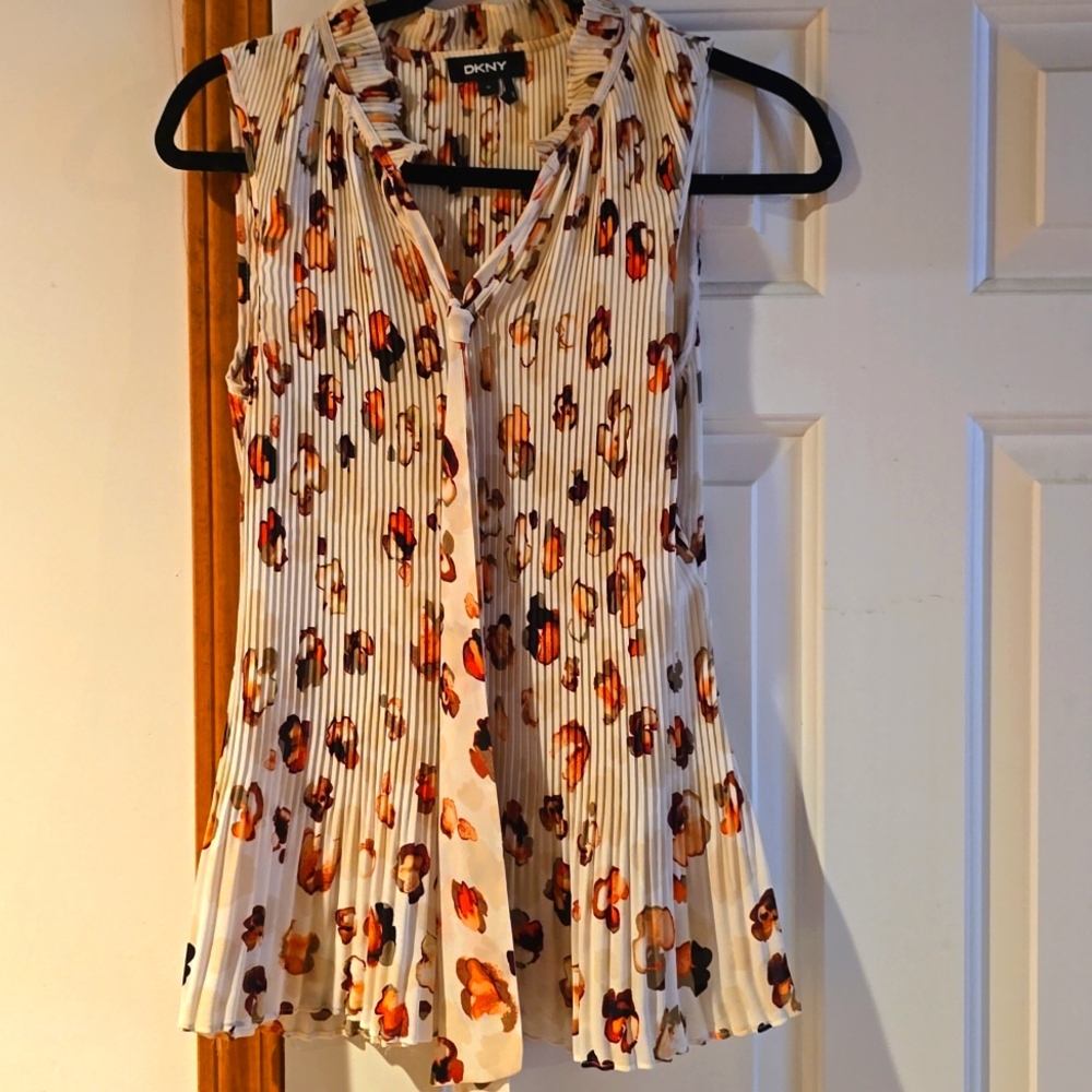 DKNY Coral Reef Tie Neck Pleated Top Women Size XL Career Office Boho Cream NWT